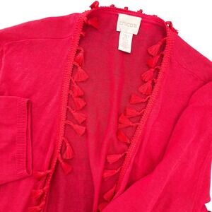 Chicos‎ Malibu Punch Pink Linen Blend Tassel Crochet Lace Cardigan 2P Petite